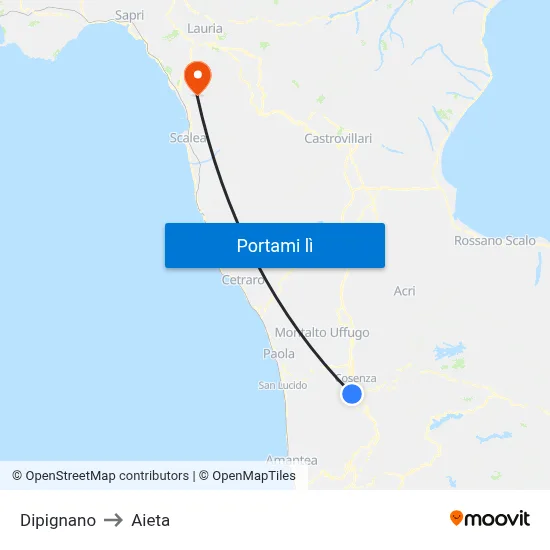 Dipignano to Aieta map