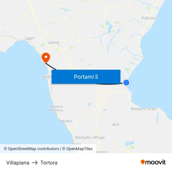 Villapiana to Tortora map