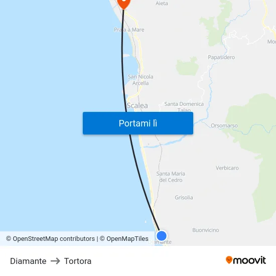 Diamante to Tortora map