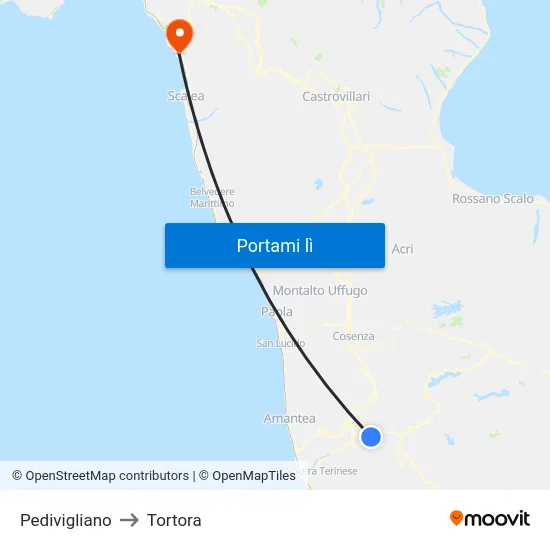Pedivigliano to Tortora map