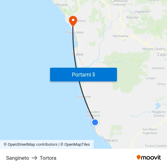Sangineto to Tortora map