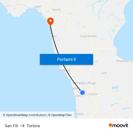 San Fili to Tortora map