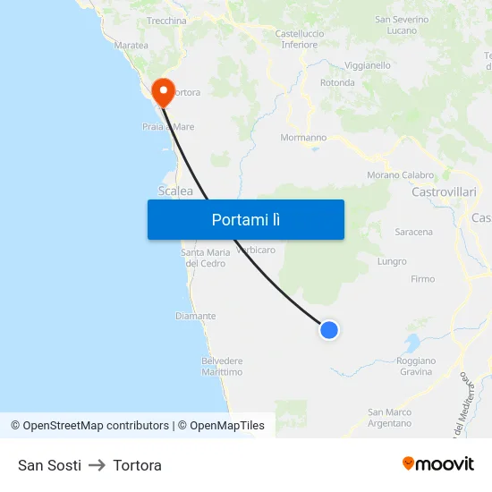 San Sosti to Tortora map