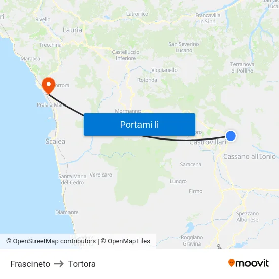 Frascineto to Tortora map