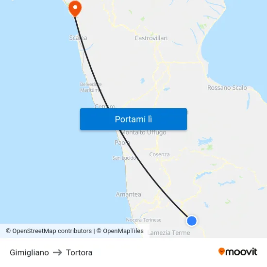 Gimigliano to Tortora map