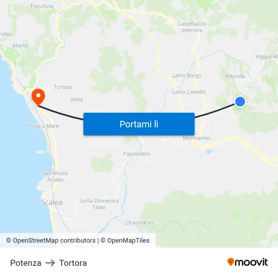 Potenza to Tortora map
