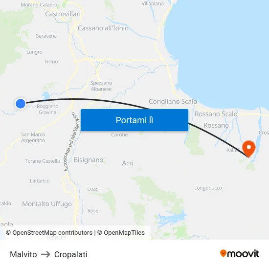 Malvito to Cropalati map