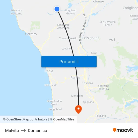 Malvito to Domanico map