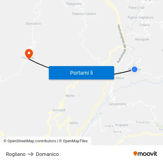 Rogliano to Domanico map