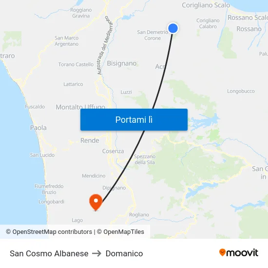 San Cosmo Albanese to Domanico map