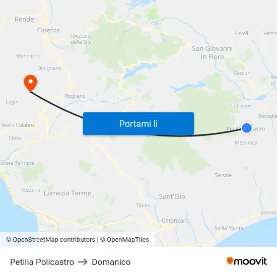 Petilia Policastro to Domanico map