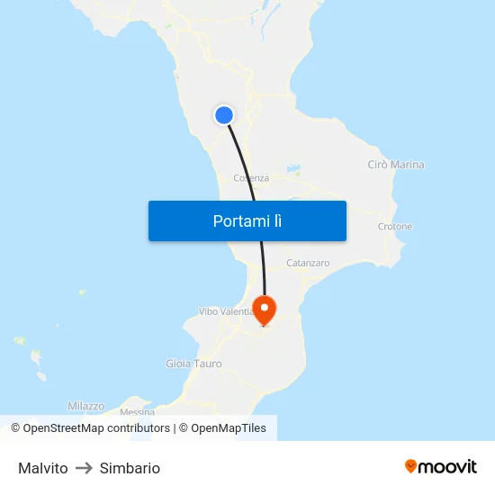 Malvito to Simbario map