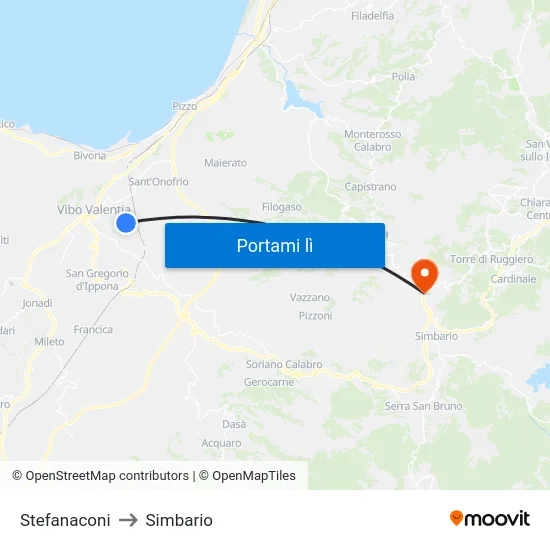 Stefanaconi to Simbario map