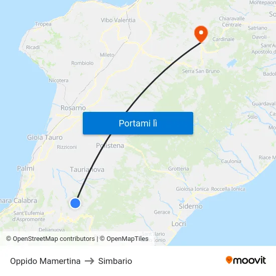 Oppido Mamertina to Simbario map
