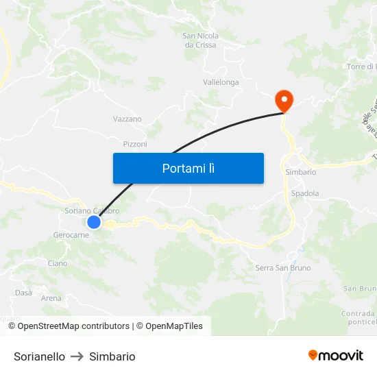 Sorianello to Simbario map