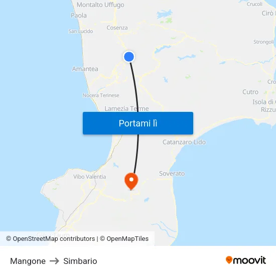 Mangone to Simbario map