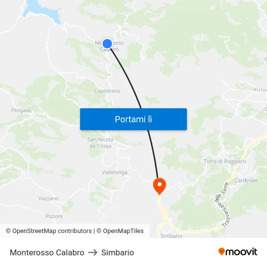 Monterosso Calabro to Simbario map