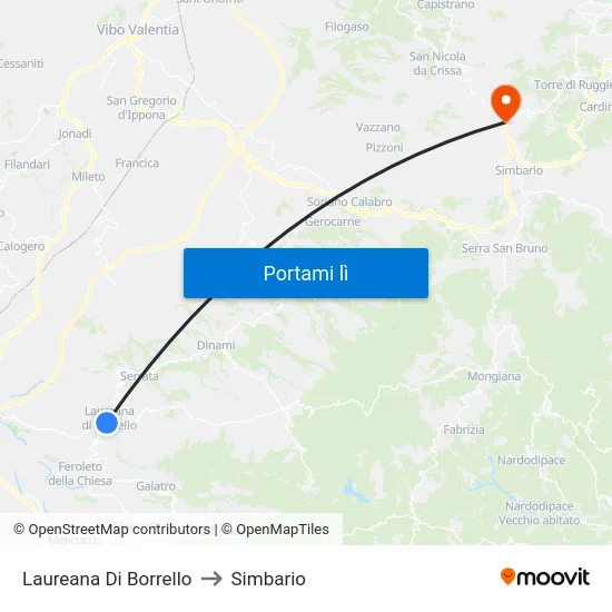 Laureana Di Borrello to Simbario map