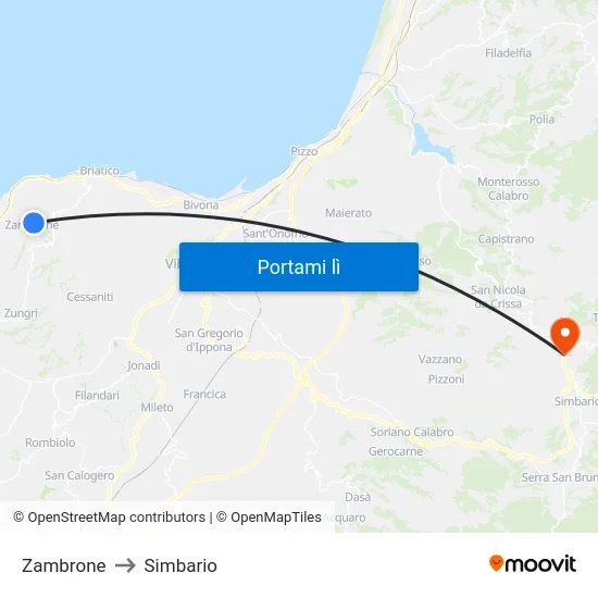Zambrone to Simbario map