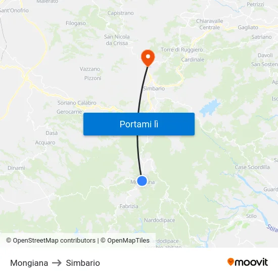 Mongiana to Simbario map