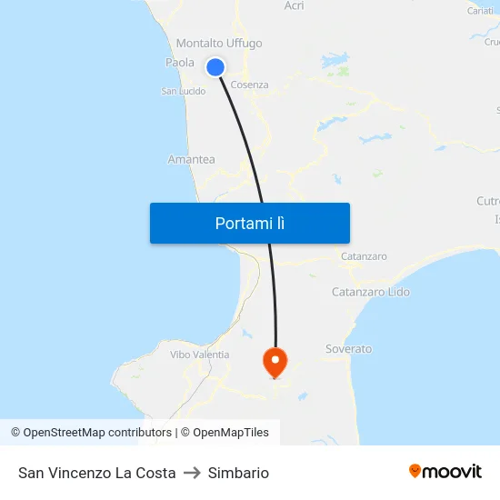 San Vincenzo La Costa to Simbario map