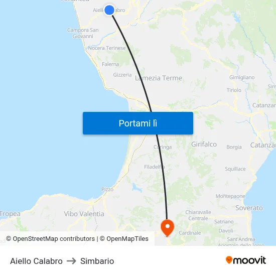 Aiello Calabro to Simbario map
