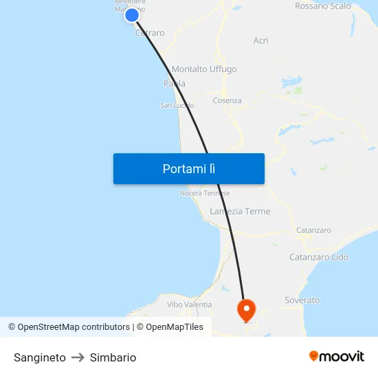 Sangineto to Simbario map