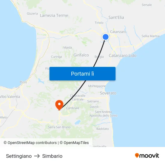 Settingiano to Simbario map
