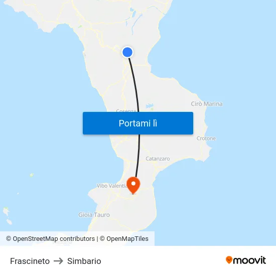 Frascineto to Simbario map