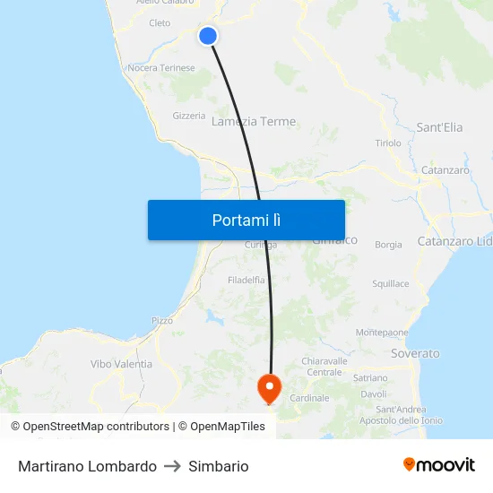Martirano Lombardo to Simbario map