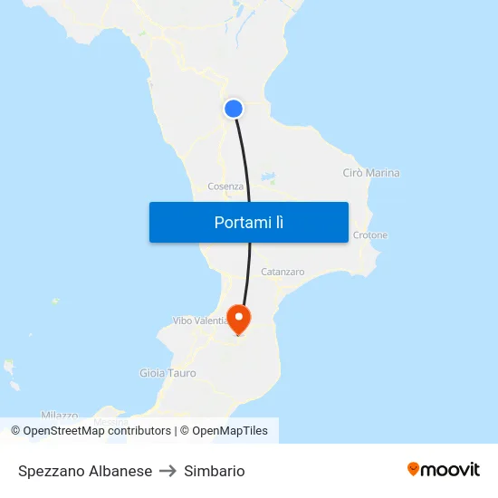 Spezzano Albanese to Simbario map