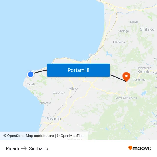 Ricadi to Simbario map