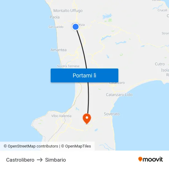 Castrolibero to Simbario map