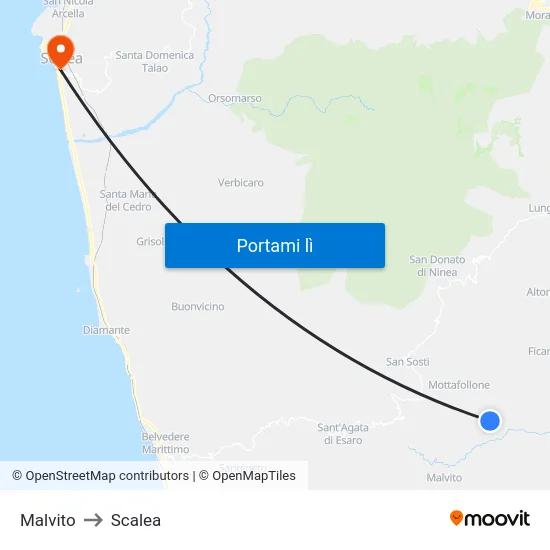 Malvito to Scalea map