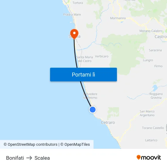 Bonifati to Scalea map