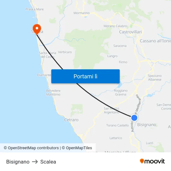 Bisignano to Scalea map