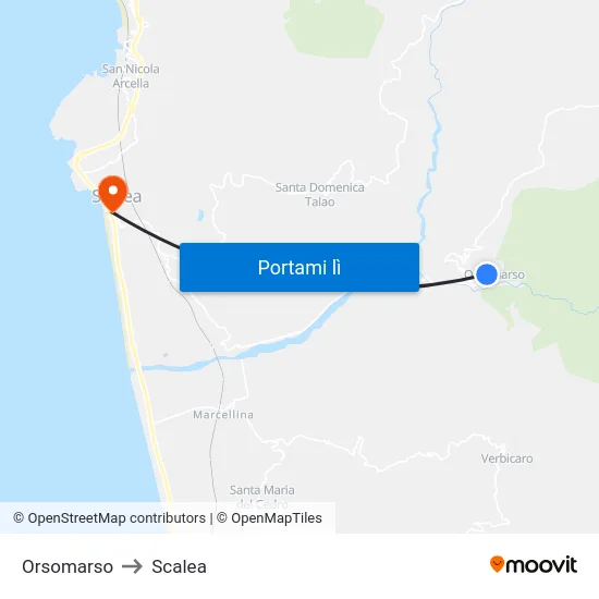 Orsomarso to Scalea map