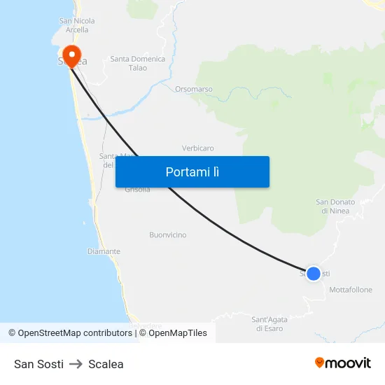 San Sosti to Scalea map