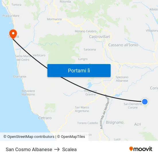 San Cosmo Albanese to Scalea map