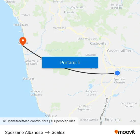 Spezzano Albanese to Scalea map