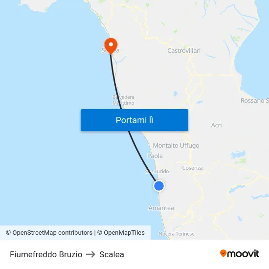 Fiumefreddo Bruzio to Scalea map