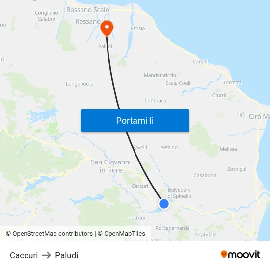 Caccuri to Paludi map