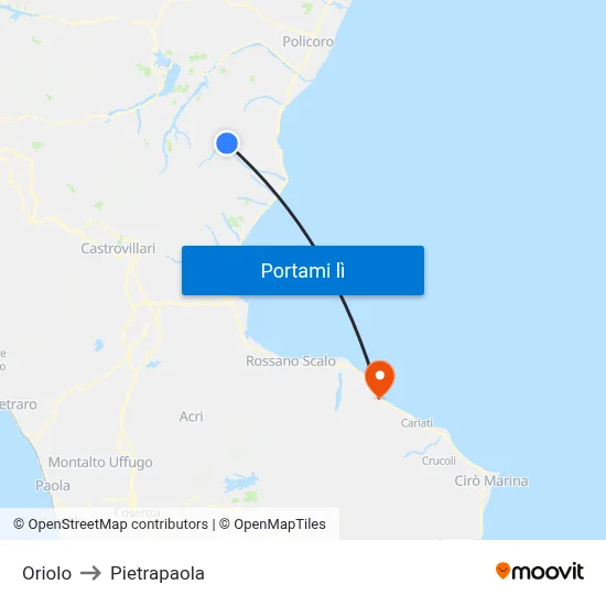 Oriolo to Pietrapaola map