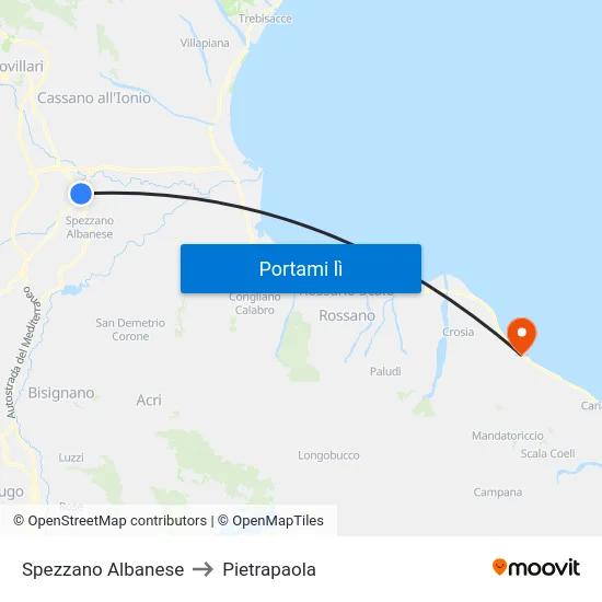Spezzano Albanese to Pietrapaola map