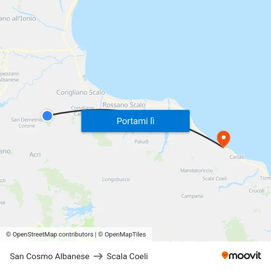 San Cosmo Albanese to Scala Coeli map
