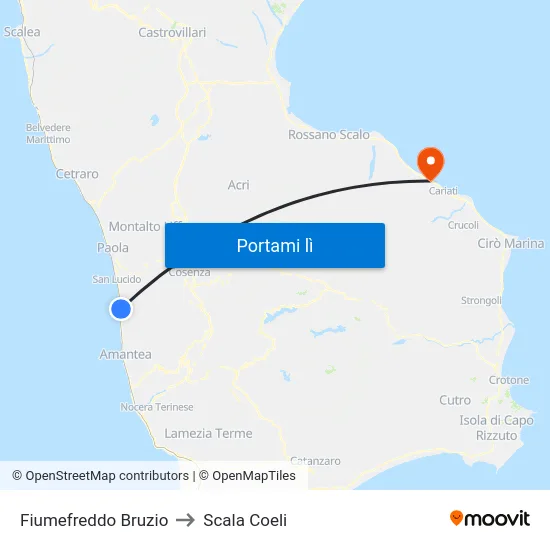 Fiumefreddo Bruzio to Scala Coeli map
