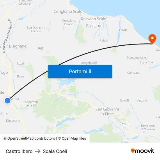 Castrolibero to Scala Coeli map