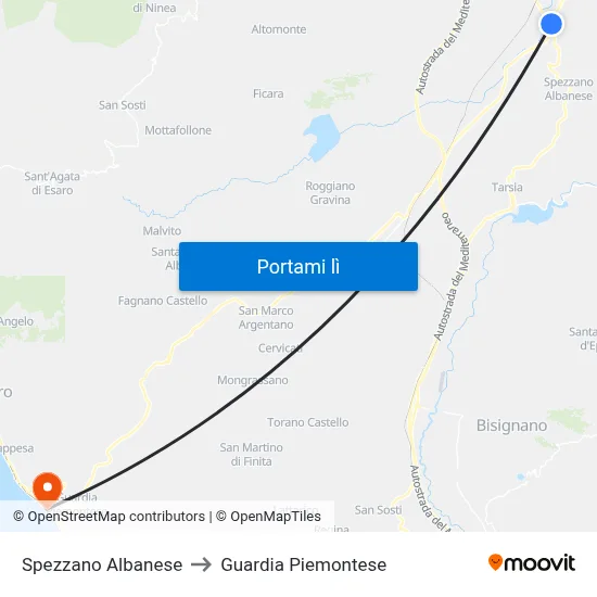 Spezzano Albanese to Guardia Piemontese map