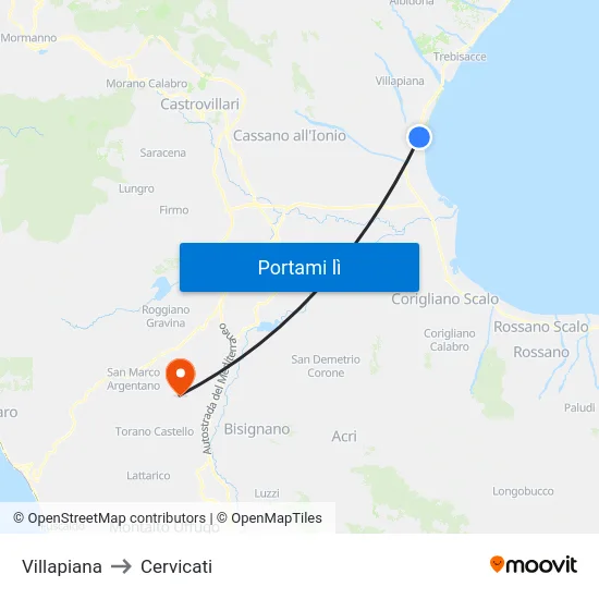 Villapiana to Cervicati map