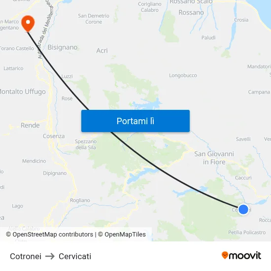Cotronei to Cervicati map